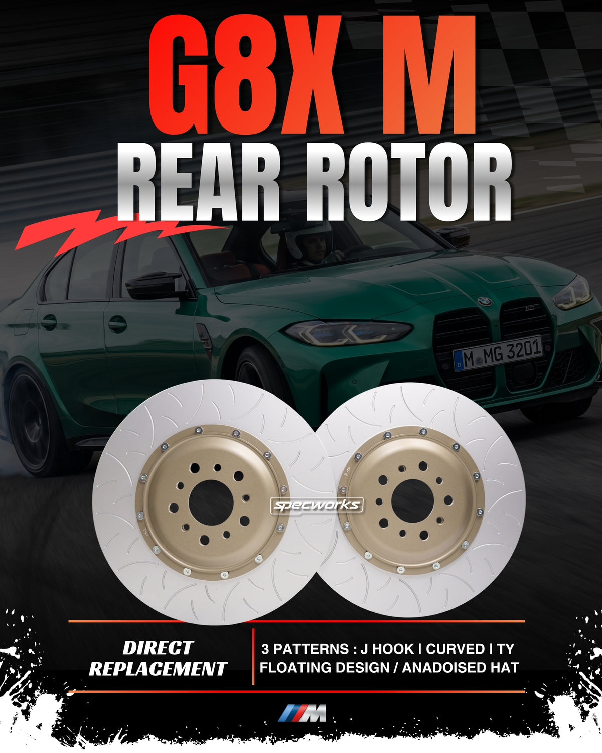 SPECWORKS BMW G8X M SERIES REAR BRAKE DISCS — 2-PIECE FLOATING ROTOR — OEM REPLACEMENT