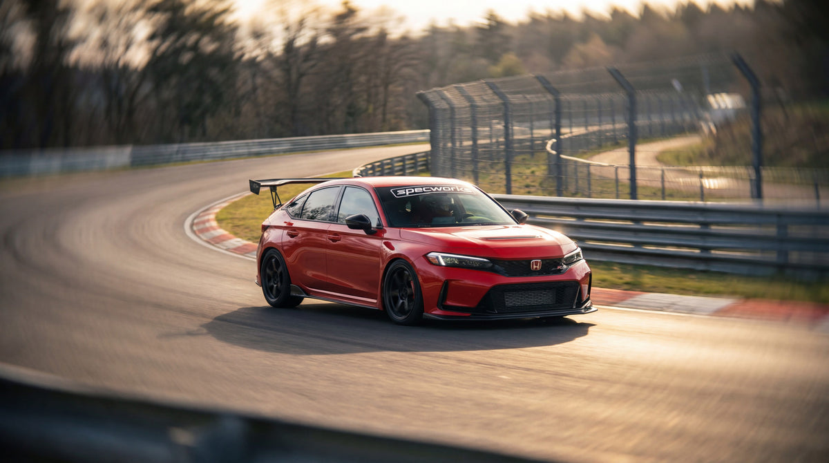 Red race car on track with Specworks banner